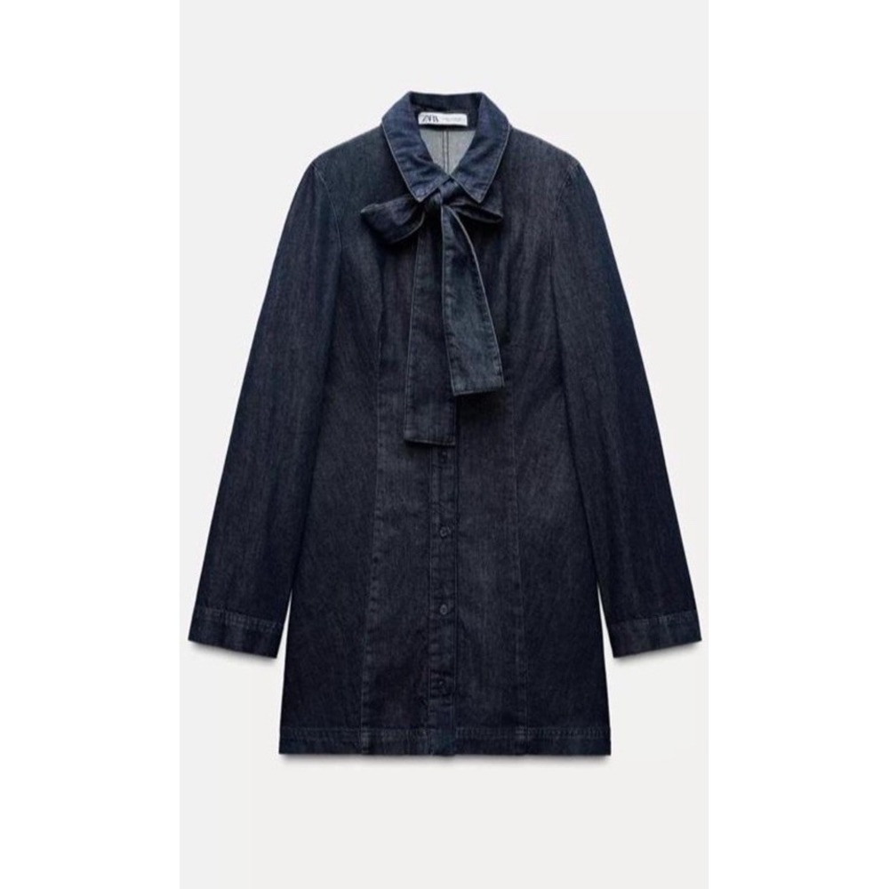 ZARA Dark Wash Denim Mini Dress XS Bow Tie Neck Casual Coquette Preppy Shirt NWT